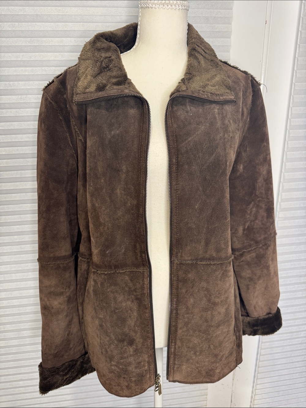 Winlet Y2K Women's Suede Leather Brown Faux Shearling Zip-Up Jacket